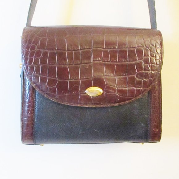 Bally Handbags - Vintage Bally Black Leather and Brown Croc Embossed Crossbody/Shoulder Handbag